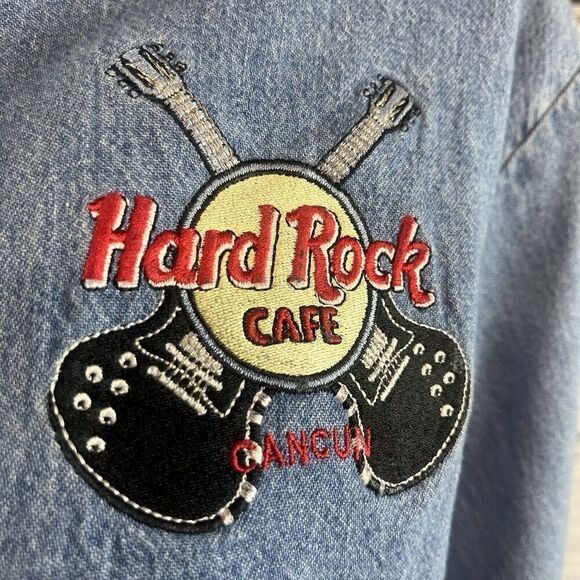 Vintage Ladies Hard Rock Cafe Cancun Shirt size Large Denim Jean Casual Guitars - Picture 5 of 9